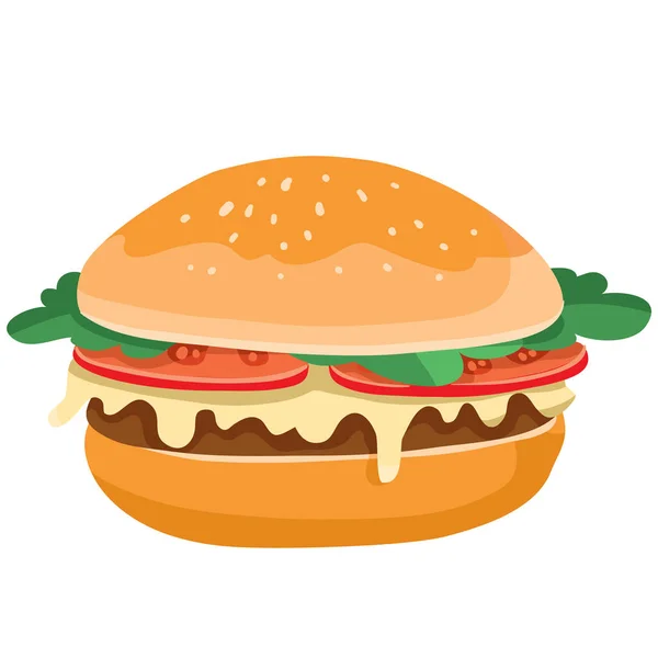 Saftig hamburgare med tomater, kotlett, ost och örter på en vit bakgrund, — Stock vektor