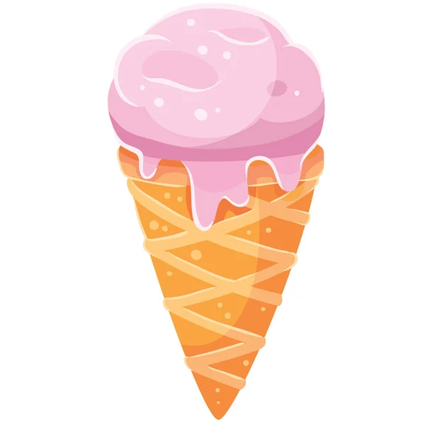 Růžová zmrzlina v ostrém rohu vafle, izolovaný objekt na bílém pozadí, vektorová ilustrace — Stockový vektor