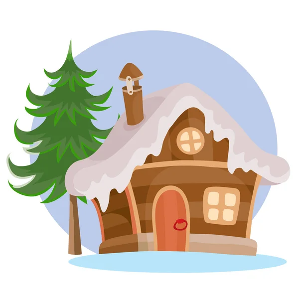 Paisaje de invierno con casa, árbol de Navidad y ambiente de Navidad antes de las vacaciones de año nuevo , — Vector de stock