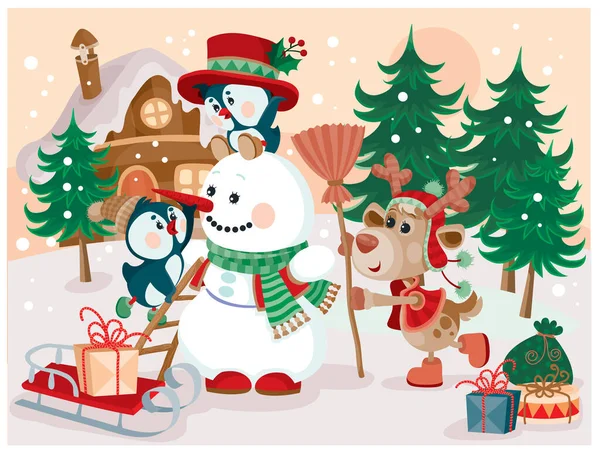 Deer and two penguins on a winter street before Christmas and New Year make a snowman and enjoy the upcoming holidays and gifts, — ストックベクタ