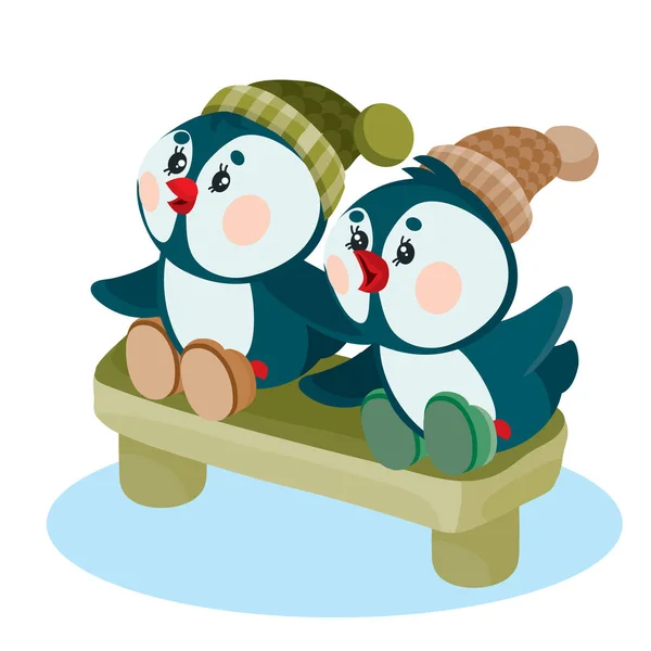 Two penguins are sitting on a bench at Christmas and are looking forward to when the New Year holiday comes, — ストックベクタ