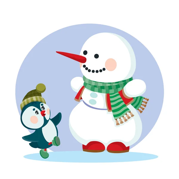 Χιονάνθρωπος με πράσινο κασκόλ και πιγκουίνος με καπέλο χαίρονται που τα Χριστούγεννα και ο χειμώνας έφτασαν., — Διανυσματικό Αρχείο