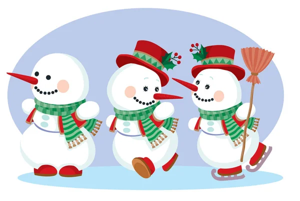 Three snowmen in green scarves and red top hats with a broom rejoice that the New Year holiday is coming soon, — ストックベクタ