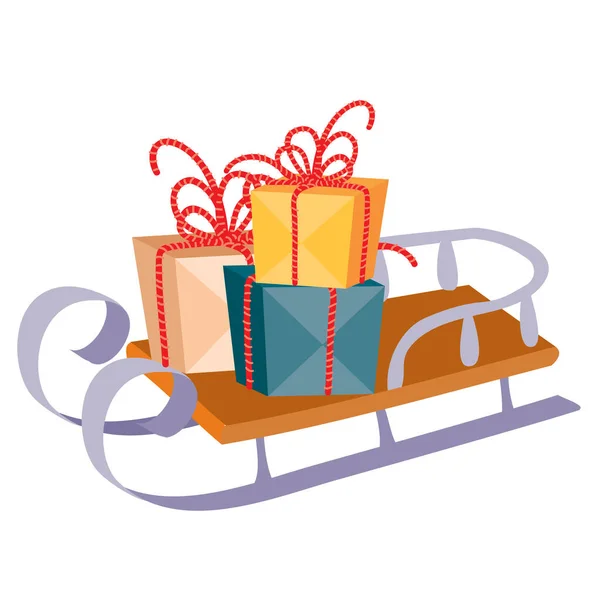 Sur un traîneau déposer des cadeaux multicolores pour les fêtes de Noël et du Nouvel An, objet isolé sur un fond blanc , — Image vectorielle