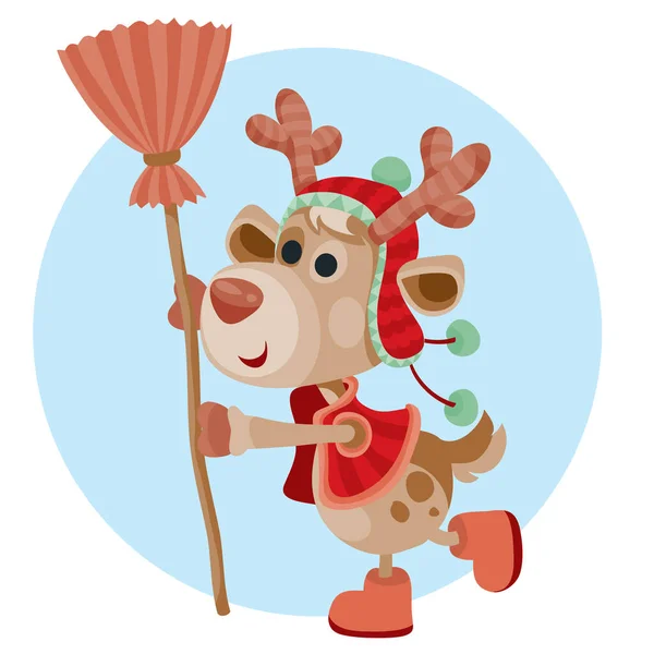Милый олень с красным носом держит метлу в руках и радуется предстоящему новогоднему празднику , — стоковый вектор