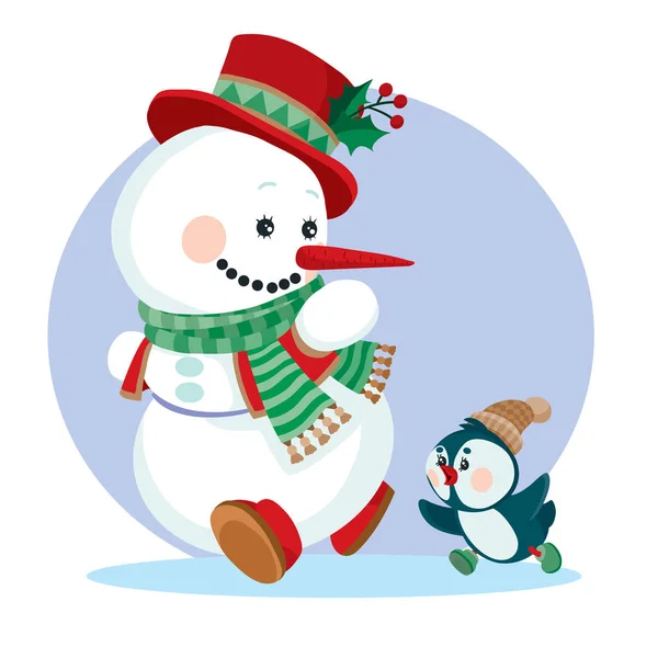 Pupazzo di neve in un cappello a cilindro rosso e in una sciarpa verde corre con un piccolo pinguino per una vacanza invernale di Capodanno , — Vettoriale Stock