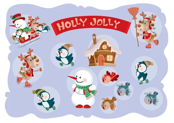 Conjunto para o ano novo e natal com casa, boneco de neve, pista de gelo, pinguim, veado com uma vassoura, presentes , —  Vetores de Stock