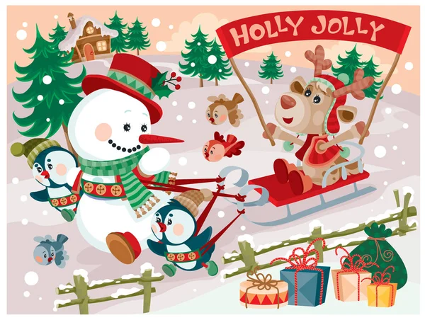 Penguins and a snowman ride a deer in a sleigh and enjoy the upcoming holidays, New Year and Christmas. A full-fledged illustration for a card, — Stock Vector