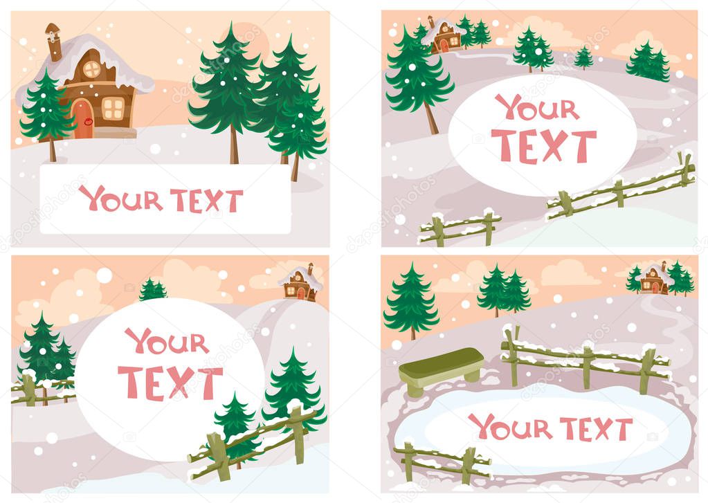 set of winter holiday backgrounds with house, fence, ice rink and fir tree for christmas and new year with place for your text, vector illustration