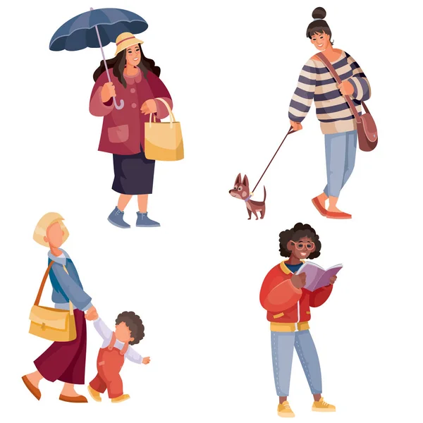 Conjunto de mujeres de pie objeto aislado sobre un fondo blanco con paraguas, niño, libro y perro , — Vector de stock