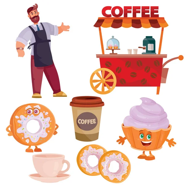 Verkäufer-Set, Kaffee, Glas, Tasse, Donut, Muffin, Straßenwagen, Fast Food, isoliertes Objekt auf weißem Hintergrund, — Stockvektor