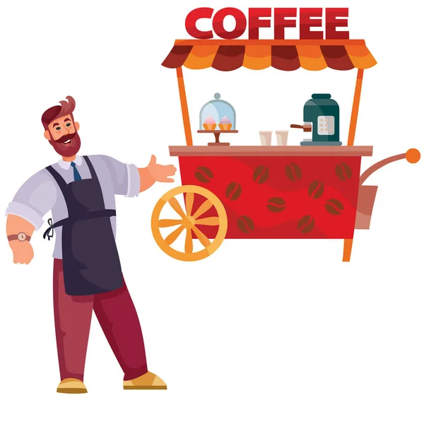 Conjunto de vendedor de café y carro de la calle, comida rápida, objeto aislado sobre un fondo blanco , — Vector de stock