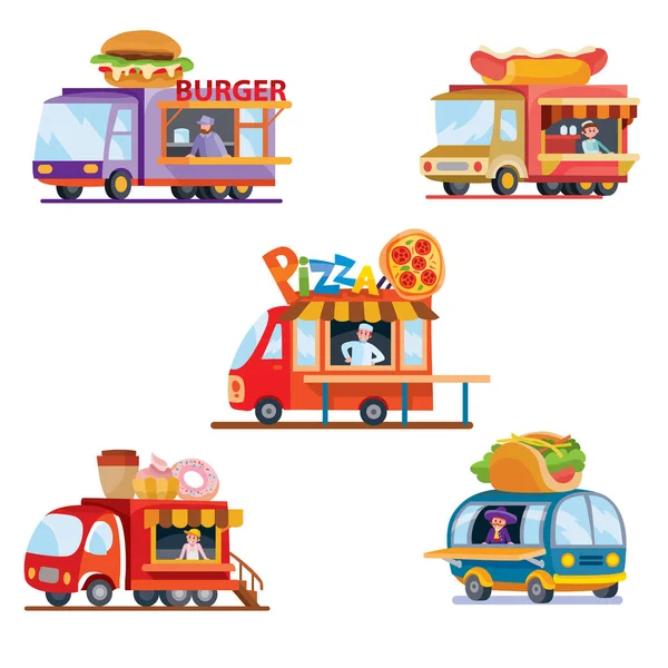 Bilar säljer snabbmat, stå isolerade objekt på en vit bakgrund, sälja, hamburgare, varmkorv, tacos, kaffe, munk, pizza, — Stock vektor