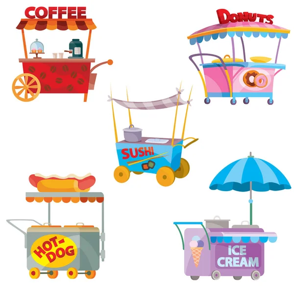 Fast food street carts sell, cachorro-quente, sushi, café, sorvete, tacos, donut e stand objeto isolado no fundo branco, conjunto —  Vetores de Stock