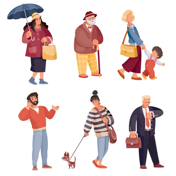 La gente se para objetos aislados sobre un fondo blanco, con paraguas, bastón, reloj, teléfono, niño, perro . — Vector de stock