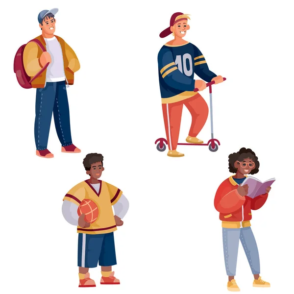 Adolescentes de pie sobre un fondo blanco objeto aislado con una mochila, scooter, libro, pelota. Atleta, estudiante, estudiante , — Vector de stock