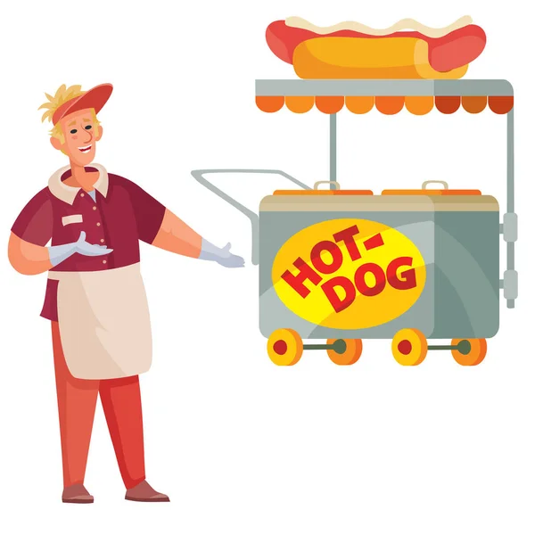 Conjunto de vendedor de perros calientes y un carro de la calle para la venta de comida rápida, objeto aislado sobre un fondo blanco , — Vector de stock