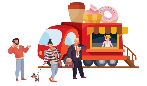 Fila di tre persone si trova di fronte a un camion fast food che vende caffè e ciambelle, strati separati , — Vettoriale Stock
