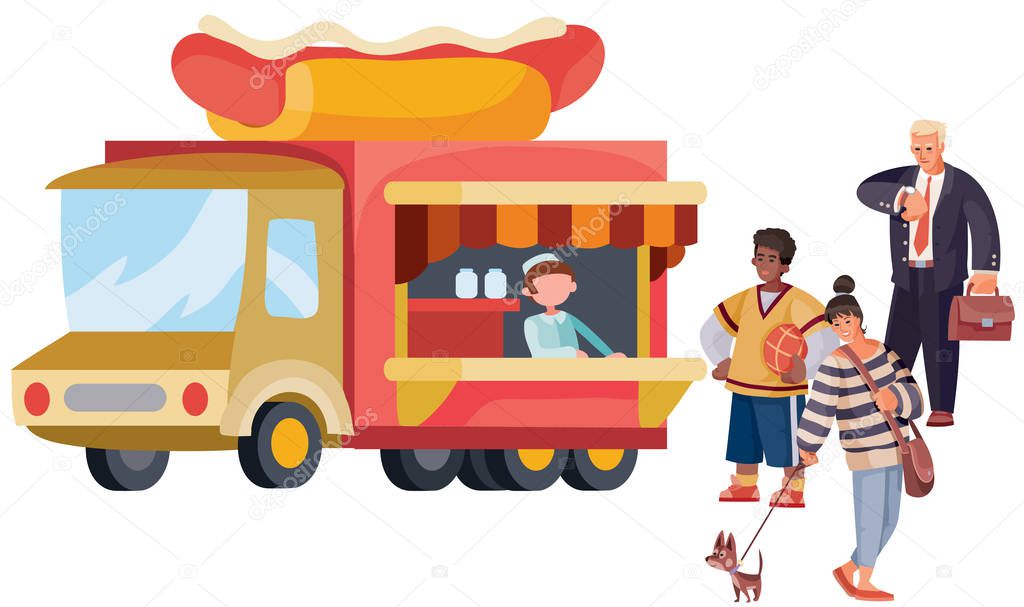 line of two people and a girl with a dog stand in front of a fast food truck that sells a hot dog, separate layers,