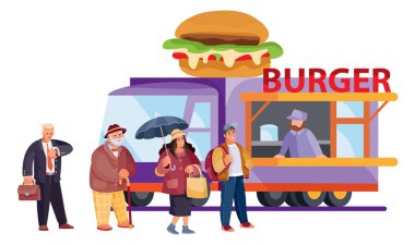 Hamburger satan bir fast food kamyonunun önünde sıralanmış dört kişi var.,