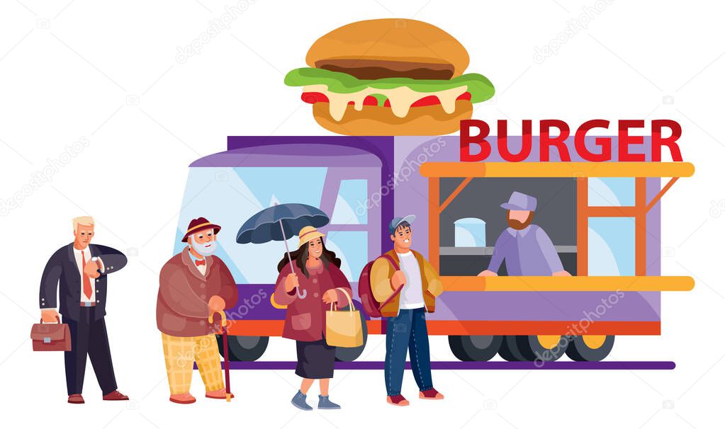 line of four people stands in front of a fast food truck that sells hamburgers, separate layers,
