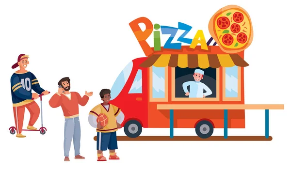 Három fős sor áll egy gyorsétterem előtt, ahol pizzát árulnak, külön rétegekben., — Stock Vector