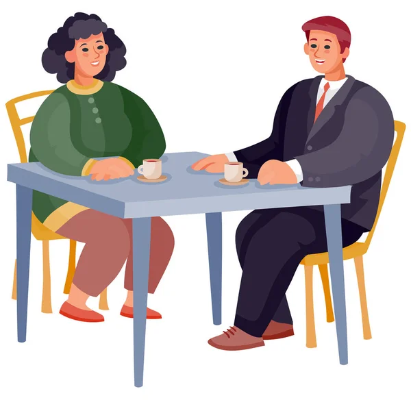 Mann und Frau sitzen am quadratischen Tisch, Datum, Geschäftstreffen, Frühstück, Freunde, isoliertes Objekt auf weißem Hintergrund, — Stockvektor
