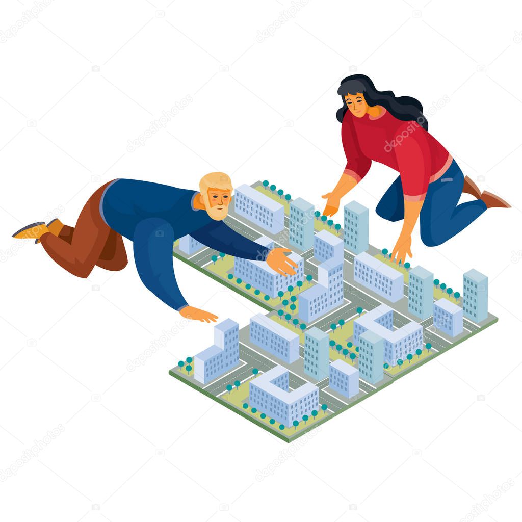 3d isometry, man and woman build a city map on the floor from modem houses, isolated object on a white background,