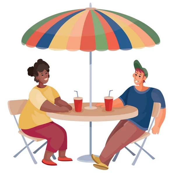 Man och kvinna sitter vid ett runt bord under ett paraply, datum, affärsmöte, frukost, vänner, isolerade objekt på en vit bakgrund, — Stock vektor