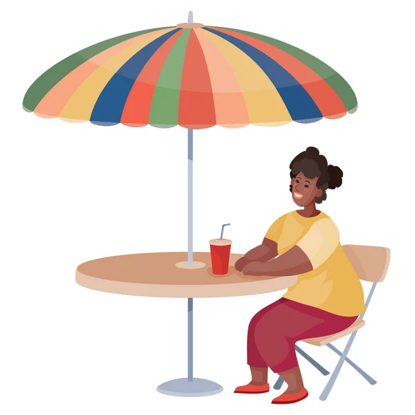 Kvinna kom till ett café på en dejt och sitter ensam vid ett runt bord under ett paraply och väntar, isolerade objekt på en vit bakgrund, — Stock vektor