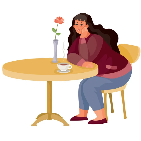 Mujer llegó a un café en una cita y se sienta sola en una mesa redonda y espera, objeto aislado sobre un fondo blanco , — Vector de stock