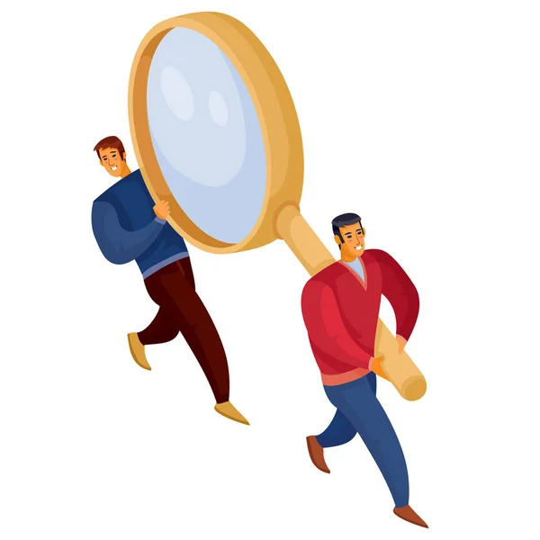 3D等距测量，两名强壮的男子一起携带一个巨大的放大镜，白色背景上的孤立物体, — 图库矢量图片