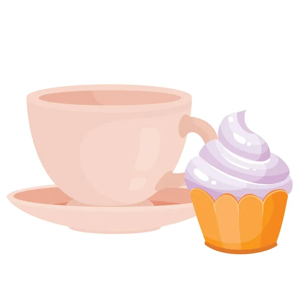 Set of cups with hot drink or empty and muffin cake, isolated object on a white background, vector illustration — Stock Vector