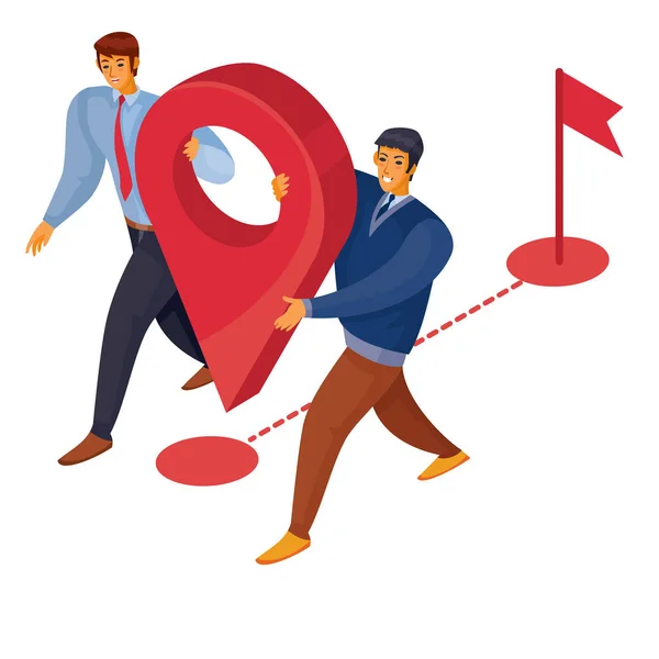 Izometria 3d, dwie osoby niosą razem dużą czerwoną ikonę nawigacji, odizolowany obiekt na białym tle, ilustracja wektora — Wektor stockowy