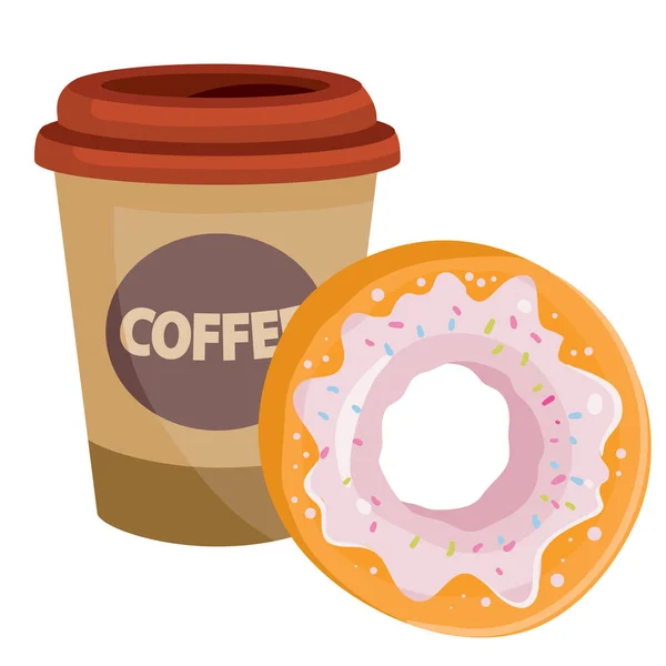 Set Pappbecher mit Kaffee und Donut mit rosa Zuckerguss, isoliertes Objekt auf weißem Hintergrund, Vektorillustration — Stockvektor