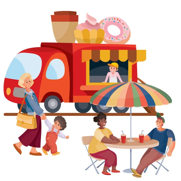 Mężczyzna i kobieta siedzą przed ciężarówką, która sprzedaje kawę i pączki, mama i dziecko przechodzą obok, prosząc, aby kupić mu fast food, odosobniony obiekt na białym tle, ilustracja wektor — Wektor stockowy