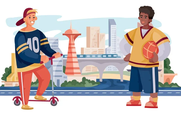 Contra el fondo de una gran ciudad, un adolescente con una pelota conoció a su amigo que monta un scooter, ilustración vectorial — Vector de stock