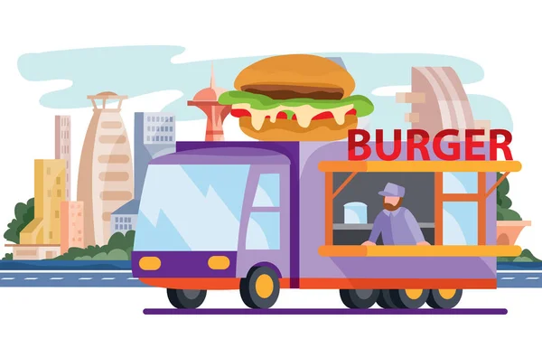 En lastbil som säljer street food, en hamburgare, ostburgare, snabbmat, står på bakgrunden av en stor stad, vektor illustration — Stock vektor