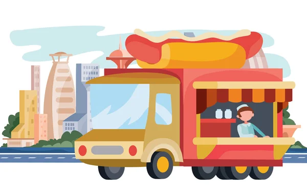 Camion che vende street food, hot dog, salsiccia, panino, fast food, si trova sullo sfondo della grande città, illustrazione vettoriale — Vettoriale Stock