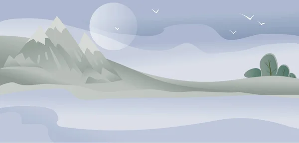 Modré přírodní pozadí s měsícem, horami a lesem, vše v mlze, — Stockový vektor
