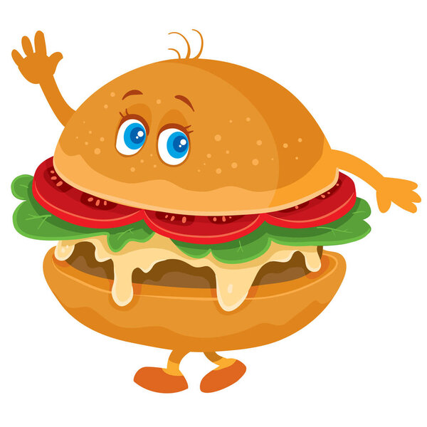 funny hamburger character with eyes, arms and legs waving, isolated object on white background,