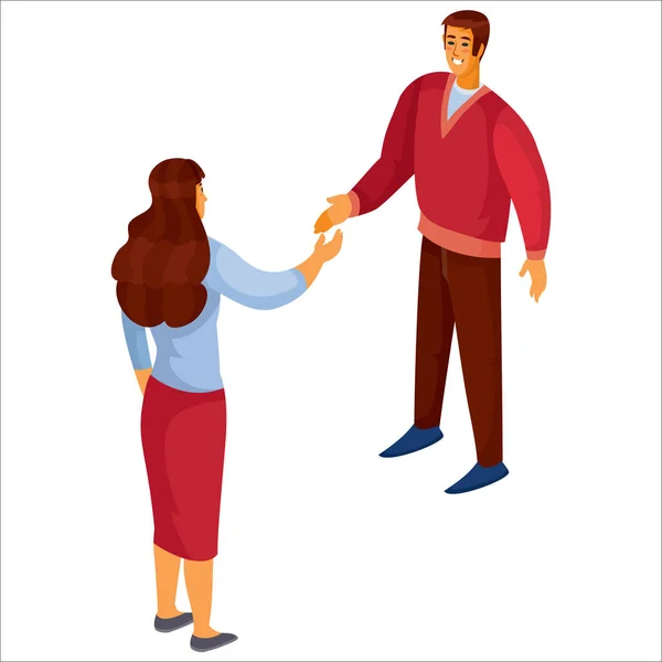 3D ισομετρία, ένας άνθρωπος σε ένα κόκκινο πουλόβερ σφίγγει το χέρι με μια γυναίκα με σκούρα μαλλιά, απομονωμένο αντικείμενο σε λευκό φόντο, διανυσματική απεικόνιση — Διανυσματικό Αρχείο