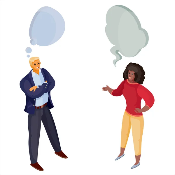3D izometrie, muž a žena spolu mluví nad hlavou mrak, spor, izolovaný objekt na bílém pozadí, vektorová ilustrace — Stockový vektor