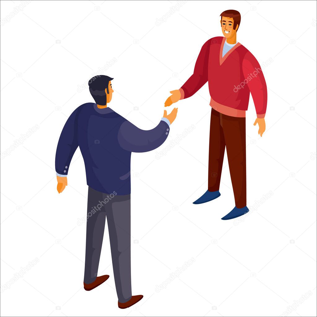 3d isometry, a man in a blue sweater shakes hands with a man in a red sweater, isolated object on a white background, vector illustration