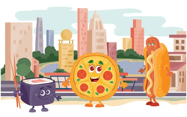 Karakterek pizza, hamburger és sushi a háttérben a nagyváros, felhőkarcolók, tavasz, nyár, élelmiszer, utcai élelmiszer, vektor illusztráció — Stock Vector