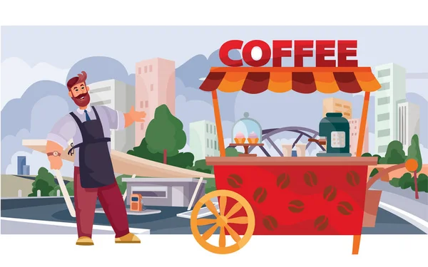 Sprzedawca kawy z wózkiem ulicznym do sprzedaży kawy, fast food, żywności, na tle dużego miasta z drapaczy chmur i domów, ilustracja wektor — Wektor stockowy