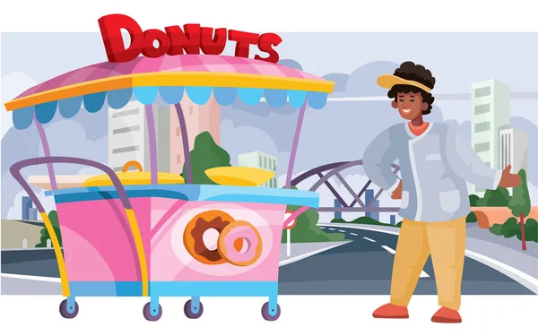 Vendedor de donuts com um carrinho de rua para venda, fast food, comida, no fundo de uma grande cidade com arranha-céus e casas, ilustração vetorial — Vetor de Stock