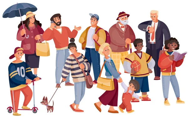 Una multitud de mujeres, adolescentes, ancianos, hombres de negocios, atletas con un perro, pelota, teléfono, paraguas sobre un fondo blanco y en capas separadas, ilustración vectorial — Vector de stock