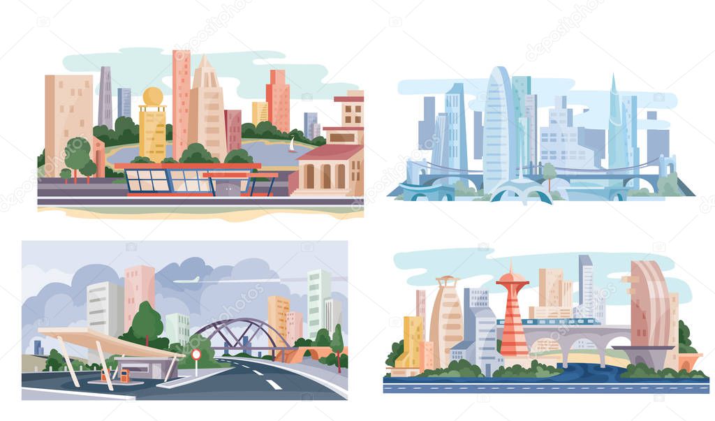 set of modern cities, color, spring, summer, morning, vector illustration