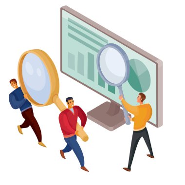 Elinde büyük bir büyüteçle internetten bir şey arayan bir adam. İki adam daha büyük bir büyüteç, izometrik ve vektör çizimi taşıyor.